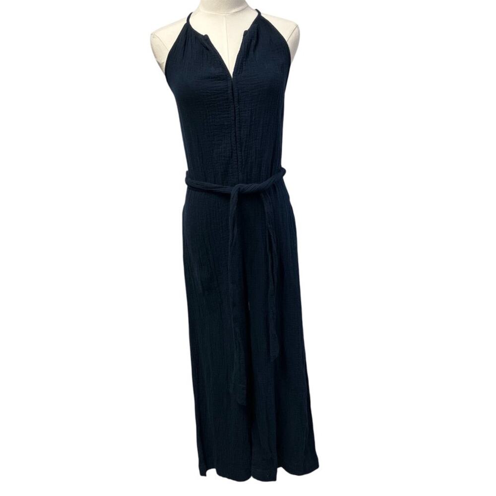 Gap V-neck Crinkle Cotton Jumpsuit Womens 00 Navy Blue Spring Summer classic new